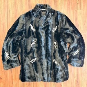 Dennis Basso Black Faux Fur Rhinestone Embellished Coat Glamorous Luxury Hippie